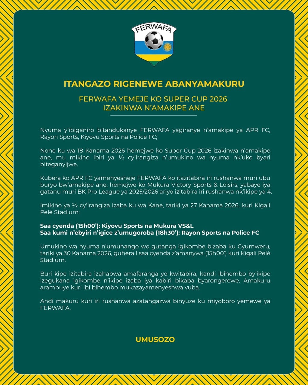 FERWAFA Confirms 2026 Super Cup Line-Up as Mukura Replace APR FC
